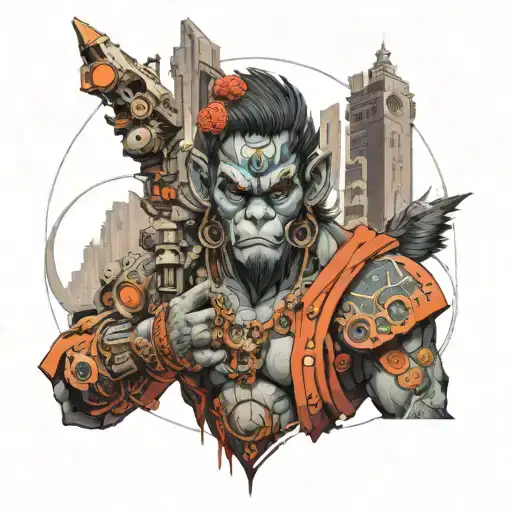 Hanuman It's Gada Futuristic Cyberpunk Cityscape Made