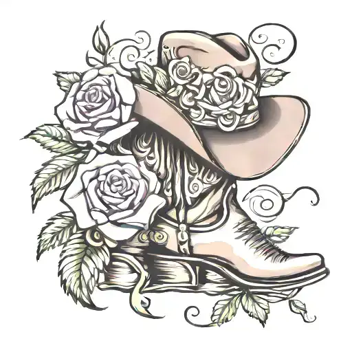 Cowboy Boots With A Cowboy Hat Surrounded By A Horse Shoe And A Beautiful Purple Rose