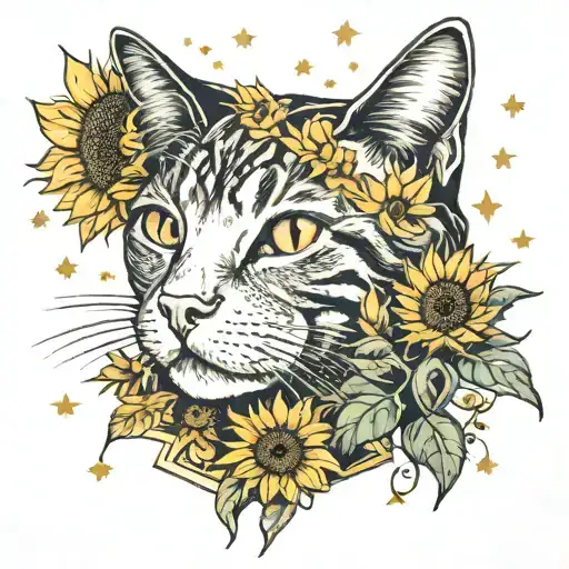 Sunflower And Van Gogh Starry Night Sky And Cat Sitting Alone
