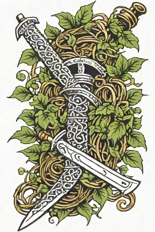 Samurai Sword Wrapped In Ivy Vines Growing