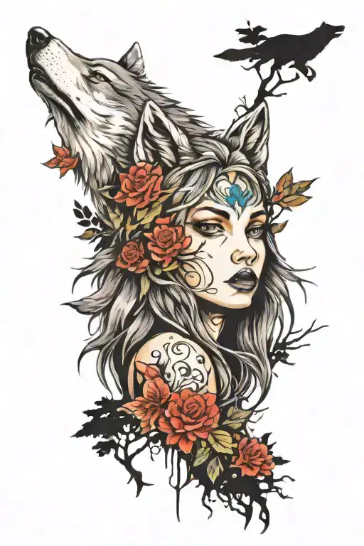 Wolf Face With Girl Facing Forward And Trees Bekiw