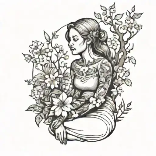 Hurt Female Sitting In A Peaceful Garden Full Of Trees And Flowers