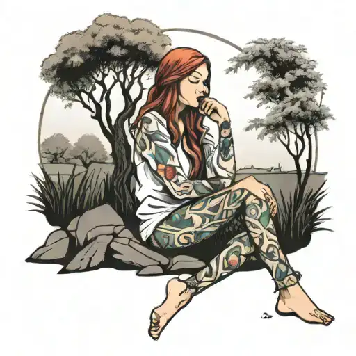 Female Hurt Sitting In A Peaceful Garden Next To A Willow Tree