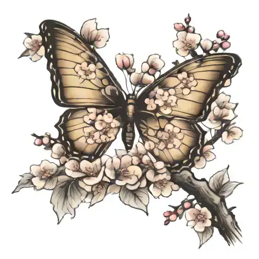 Butterfly On Japanese Cherry Blossom Tree Branch For Sleeve