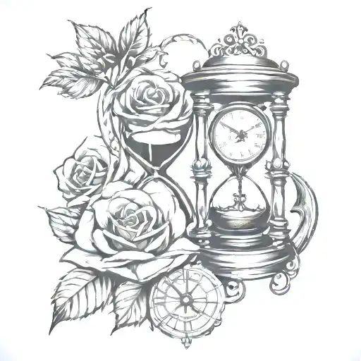 Hour Glass And Clock Anchor Intertwined Roses Entwined