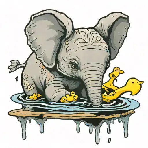 Baby Elephant Swimming In A Puddle Wit A Yellow Plastick Duck