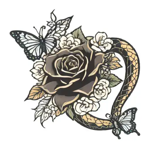 Forarm Tattoo With Snake Wrapped Around Arm And Flowers And Butterflies
