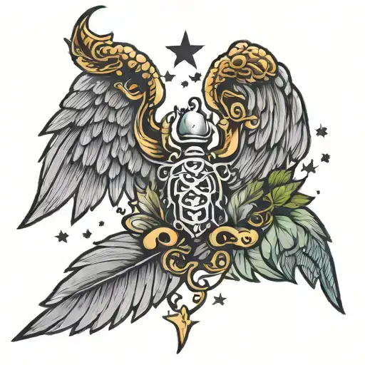 Angel Wings With Five Stars And A Scorpion With Tree