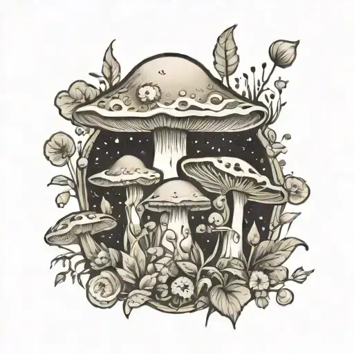 Cosmic Botanical Mushroom Garden Line Art