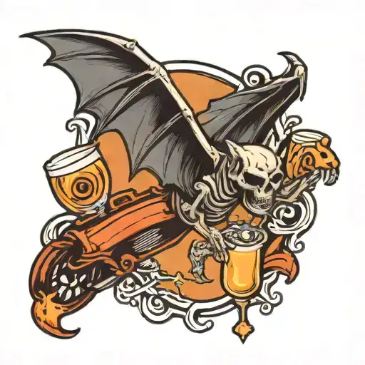 American Traditional Flying Skeleton Bat Carrying A Molotov Cocktail