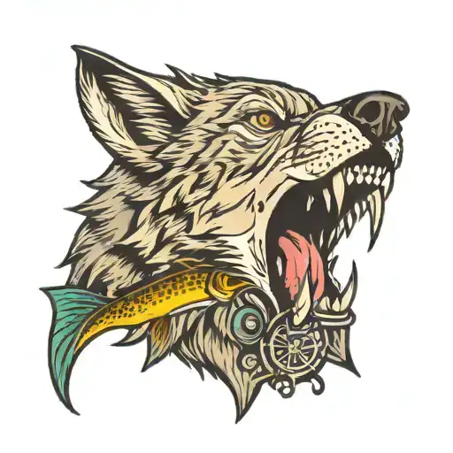 Wolf With A Trout In Its Mouth In A Badge Surrounded