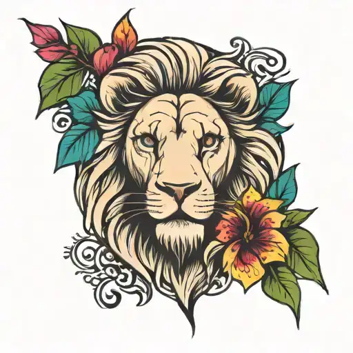 Lion With Semicolon Eyes And Hibiscus Flower At The Bottom