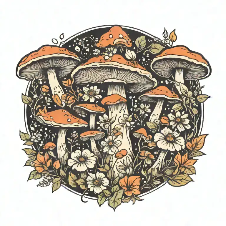 Mushrooms And Flowers Blooming