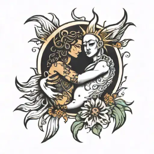 Sun Like A Woman And Moon Like A Man In A Hug Each Other