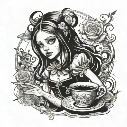 Alice Madness Black And White Drawing