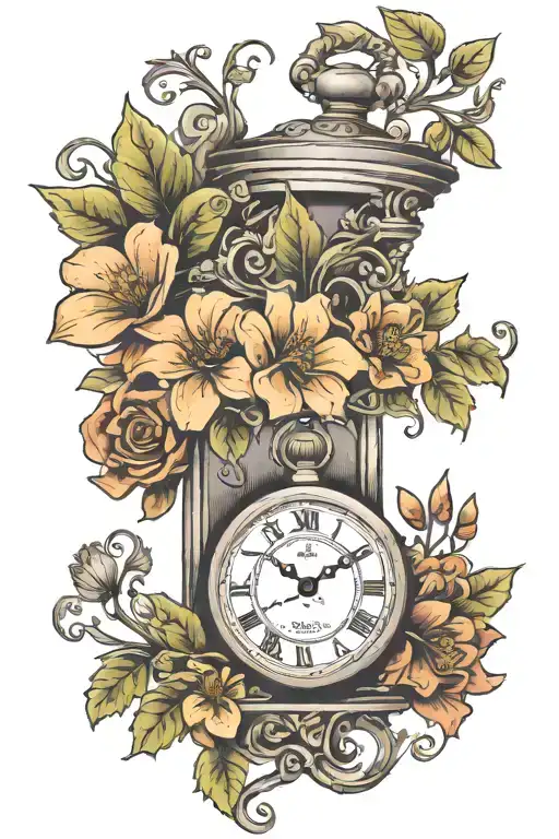 Female Half Sleeve Tattoo Featuring A Pocket Watch Surrounded By A Vine Of Flowers