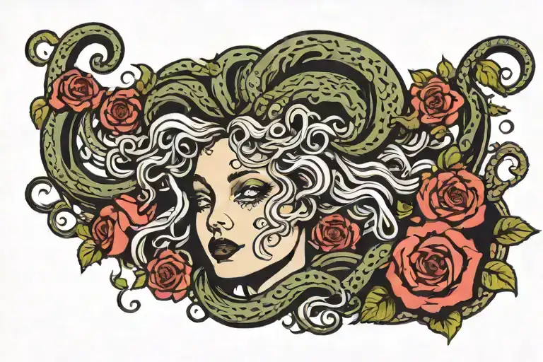 Medusa With Snack Hair With Half Crescent Moon On For Head With Roses