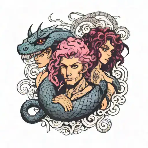 Muscular Black Snake Boy And Girl With Curly Mauve Hair