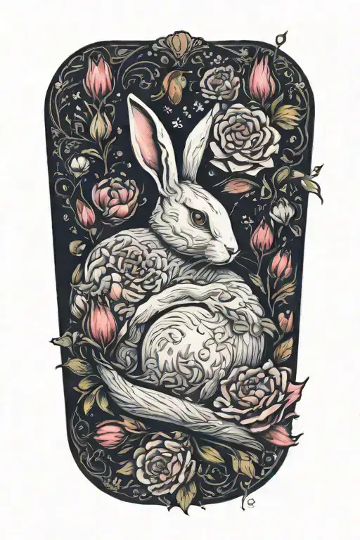 White Rabbit Sleeping Surrounded By Flowers