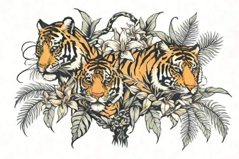 Tiger Lillys And Palm Around Family Tree Intertwined