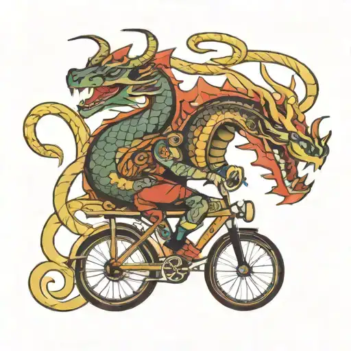 Dragon Racing A Snake On Bicycles In Tattoo Flash Art Style
