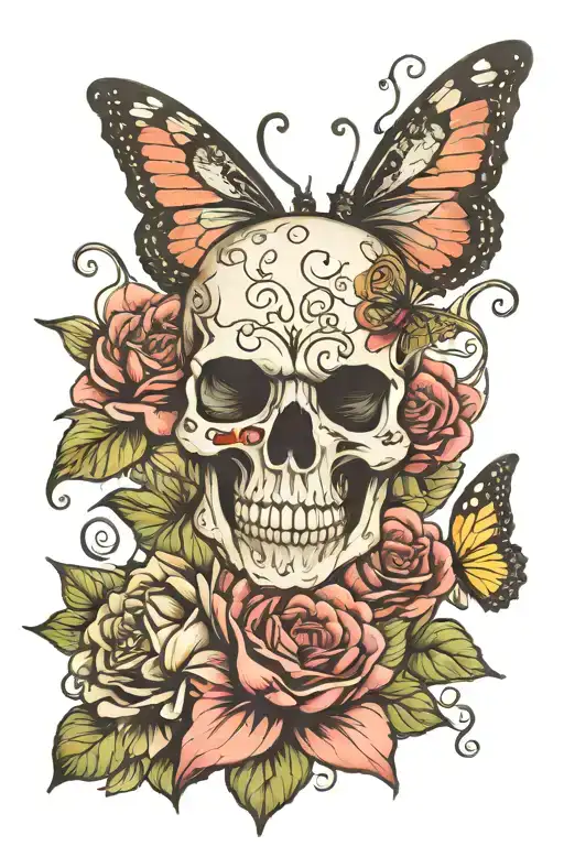 Butterfly Skull Lotus Flower Roses