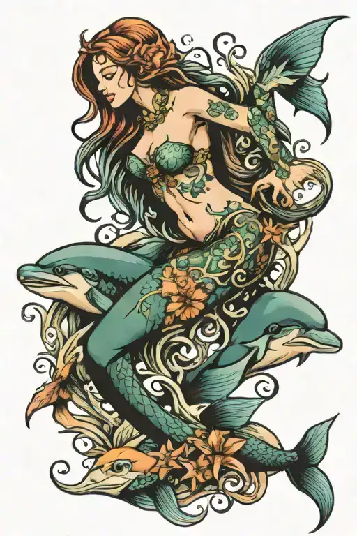 Mermaid Swimming With Dolphins In Water