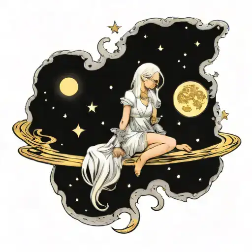 Albino Girl Sitting On The Moon In Glittery Fashion