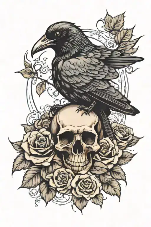 Raven On A Skull With Roses