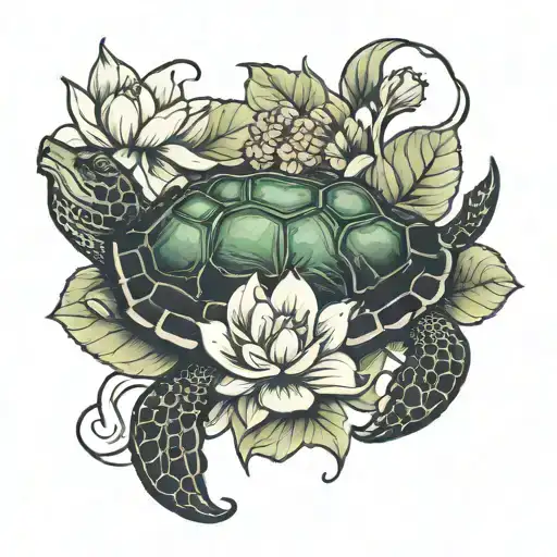 Turtle And Lotus Flower Blooming Flowers