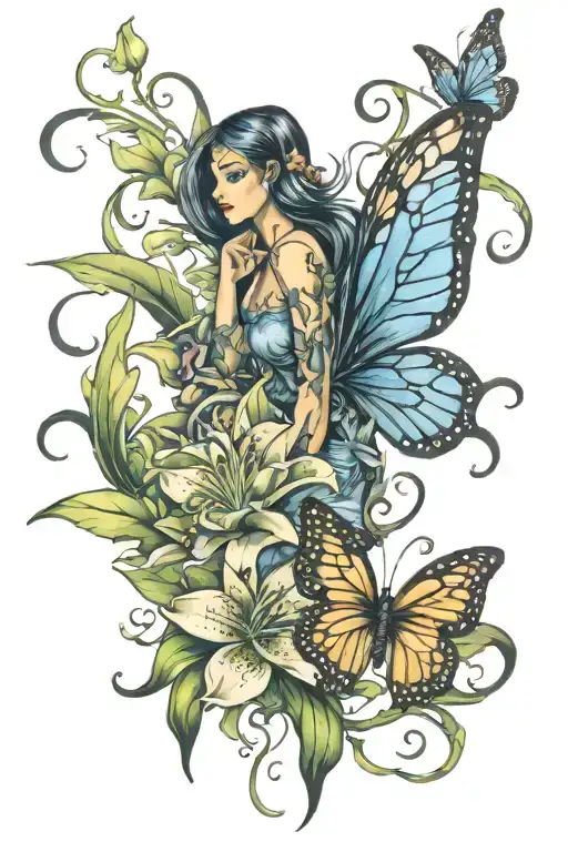 Lilly Flowers With Butterfly And Fairy Sitting