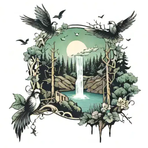 Forest With Waterfall And Birds In The Sky With Cross In The Middle