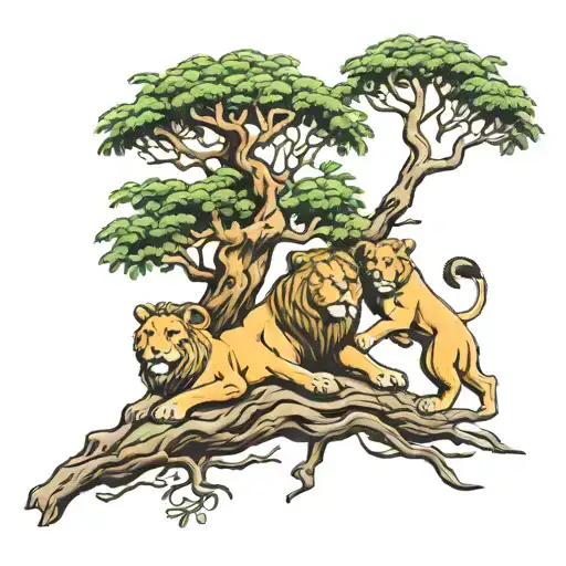 Acacia Tree 5 Lions In And Around The Tree