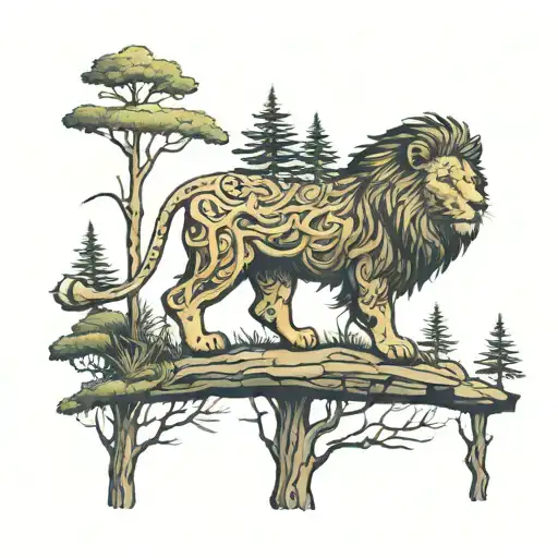 A Forest With A Lion Walking Down A Trail In The Middle Of The Woods With Its Eyes Looking
