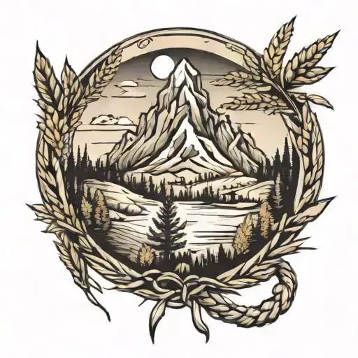 Mountain With Trees And Wheat Stalk Intertwined