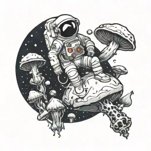 Astronaut Floating Around Mushrooms With Alien In Back