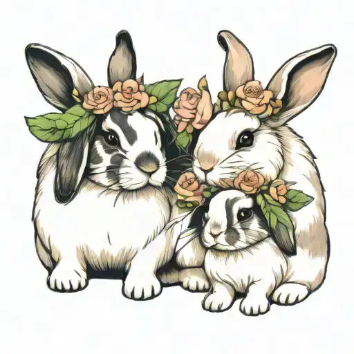 3 Mini Lop Bunnies With Flowers Underneath