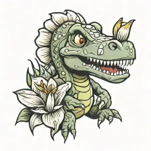 Cartoon Dinosaur Holding A Lilly Flower