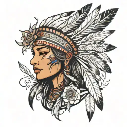 Native American Women Face With Flowers And Feathers