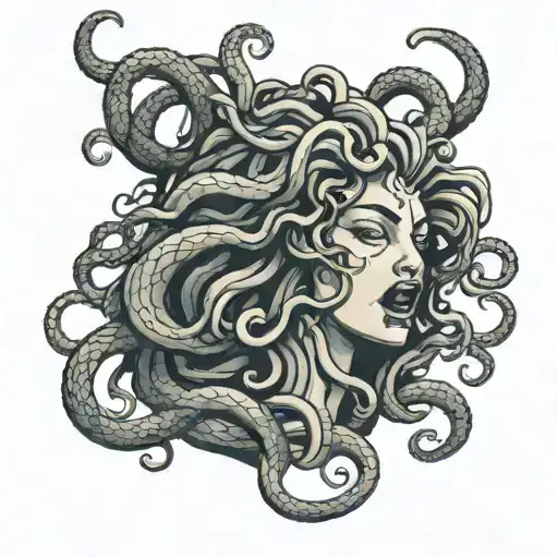 Medusa With Open Mouth And Angry Face Looking To The Side