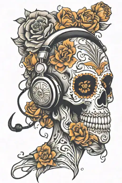 Sugar Skull Wearing Headphones