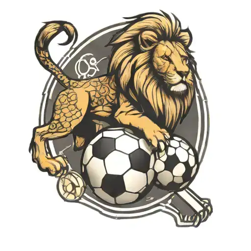 Leg Tattoo Design Featuring Lion And Soccer Ball