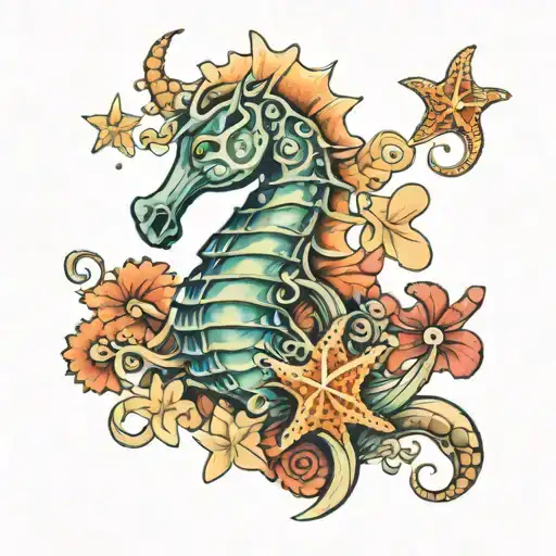 Sea Horse With Shells And Star Fish Nearby