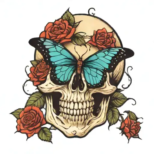 Skull With Roses And Butterfly Resting
