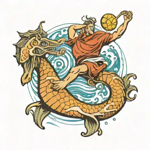 Water Polo Player Riding A Seahorse Swimming