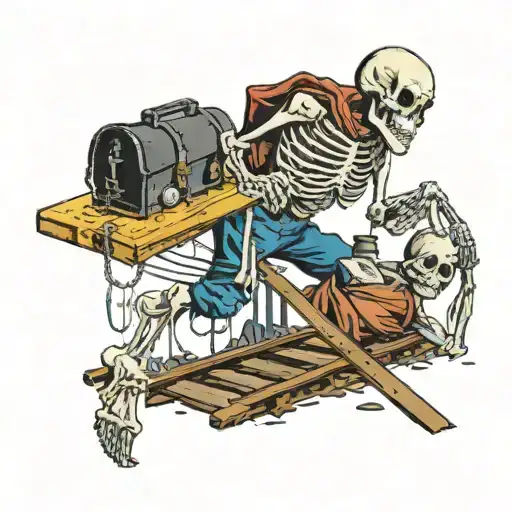 Skeleton Handing A Bag Of Money To A Man On Train Tracks