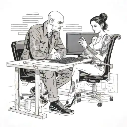 A Skinhead Software Developer Coding In His Computer And A Sexy Girl Sitting With Him In The Desk