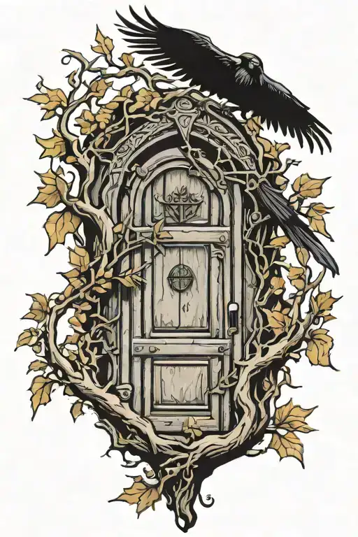 Door With An Elf Peeking Out And A Crow Perched On A Tree