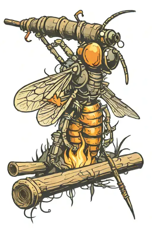 A Stonefly Insect Crawling On A Fishing Rod With A Campfire In The Background