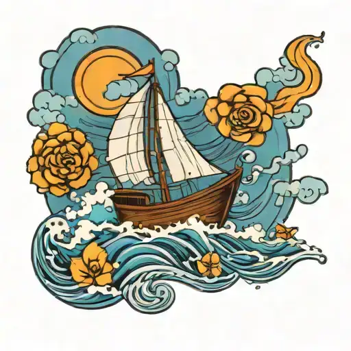 Small Boat Sailing On The Ocean One Top Of The Waves With Stats In The Sky